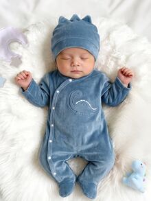 Newborn Dusty Blue Dinosaur Embroidered 3D Triangle Decor Round Neck Asymmetric Front Closure Footed Jumpsuit Hat Home Wear Set Sleep Autumn Baby - Navy Blue - View 9