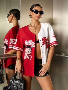 Betty Boop x SHEIN Women's Cartoon Print Colorblock Single-Breasted Shirt - Red and White - View 8