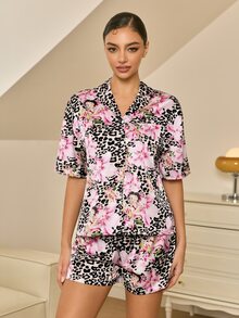 Betty Boop x SHEIN Women's Floral & Leopard Print Button-Up Top And Shorts Pajama Set - Brown - View 3