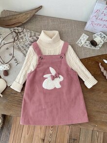 SHEIN Babygirl Cute Pink Rabbit Pattern Corduroy Dress - Pink - View 3