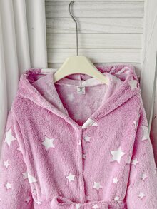 SHEIN Tween女孩秋冬休閒雙面抓絨螢光星星印花貼袋連帽睡袍居家服粉色兒童睡衣 - 藕粉色 - 查看 5