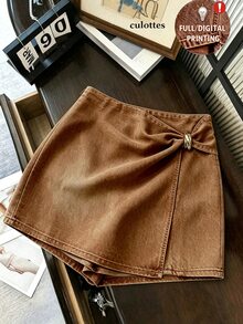 SHEIN Franclia 女款夏季休閒裹裙短褲 - 棕色 - 查看 1