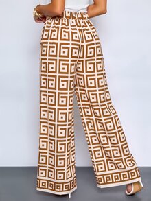 SOLERSUN Women's Floral Print Wide-Leg Trousers For Spring And Summer, Stylish And Versatile For Parties. - Brown - View 2
