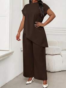 SHEIN Lady Plus Size Women Solid Color Asymmetrical Hem Top Dinner Formal Party Brown Summer Elegant - Brown - View 6