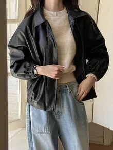 DAZY Jaket Kulit PU Lengan Panjang dengan Kantong Resleting untuk Wanita, Cocok untuk Musim Gugur. - Hitam - View 5