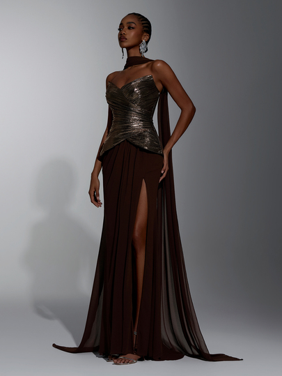 Elitara Elegante y lujoso vestido de noche para mujer con diseño 2 en 1 sin tirantes, patchwork de satén metálico brillante y gasa, con chal desmontable, adecuado para citas, vacaciones, despedidas de soltera, bodas, graduación y fiesta de bienvenida