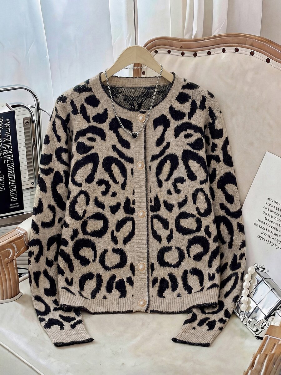 SHEIN Clasi 大尺碼秋冬休閒豹紋開襟毛衣 - 彩色 - 查看 1