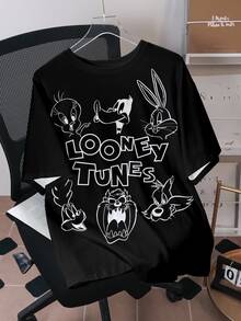 LOONEY TUNES X SHEIN Áo thun nam cổ tròn tay ngắn in chữ và hoạt hình phong cách thường ngày - trắng - Xem 7