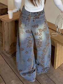 DAZY Women's Casual Vintage Streetwear Daily Everyday Day Time Denim Jeans With Pocket, Button And Floral Pattern Cute Tops Blue Floral Summer - Blue - View 7