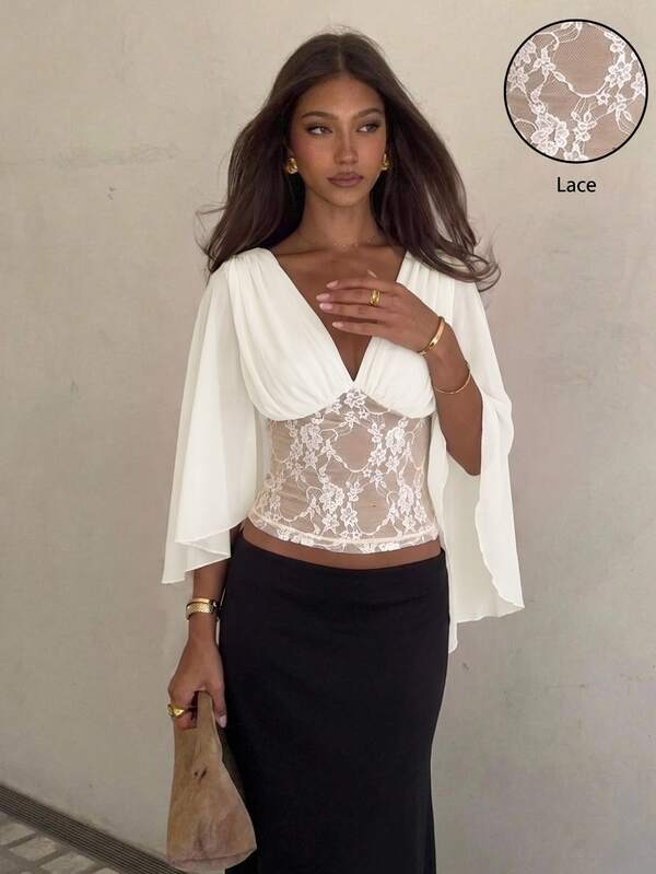 Siren Gaze Women's Lace Patchwork Deep V-Neck Pleated Casual Daily Wear Ruffle Hem Shirt, Western Vintage Elegant Casual Formal Outfit For Outing, Wedding, Graduation, Beach