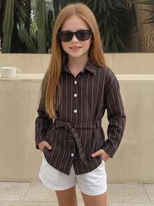 DAZY Tween Girl) Striped Long Sleeve Fashion Tie-Front Casual Shirt, Autumn New Arrival - Brown - View 4