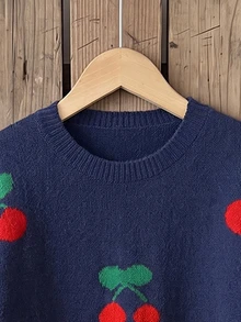SHEIN Genkimix Kids Fashionable Casual Sweet Cherry Pullover Sweater For Girls - Navy Blue - View 3