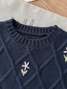 SHEIN 女童手工刺繡麻花格紋針織落肩短版套頭毛衣，柔軟舒適，適合日常穿著、外出、旅行、度假、居家、玩樂、萬聖節與聖誕節 - 藏蓝色 - 查看 7