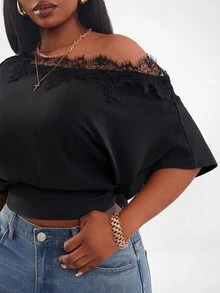 Radiana 女款性感優雅黑色不對稱肩蕾絲拼接短洋裝，適合度假、街頭穿搭與派對造型 - 黑色 - 查看 7