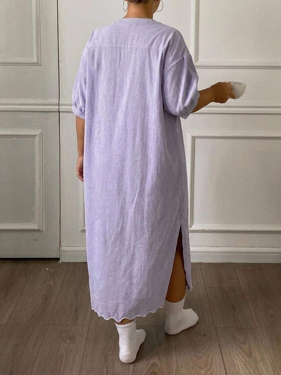 Dazy Plus Minimalist Mid-Length Solid Color Casual Hemline Wavy Edge Short Sleeve Loungewear Dress Nightgown