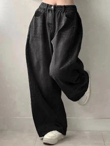 Dazy Plus Vintage Washed Distressed Loose Street Casual Versatile Black Long Denim Jeans Autumn New - Black - View 3
