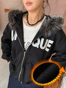 Dazy Plus Plus Size Thermal Lined Thick Letter Print Patchwork Fur Collar Hooded Sweatshirt, Autumn/Winter Streetwear Casual Design - Black - View 1