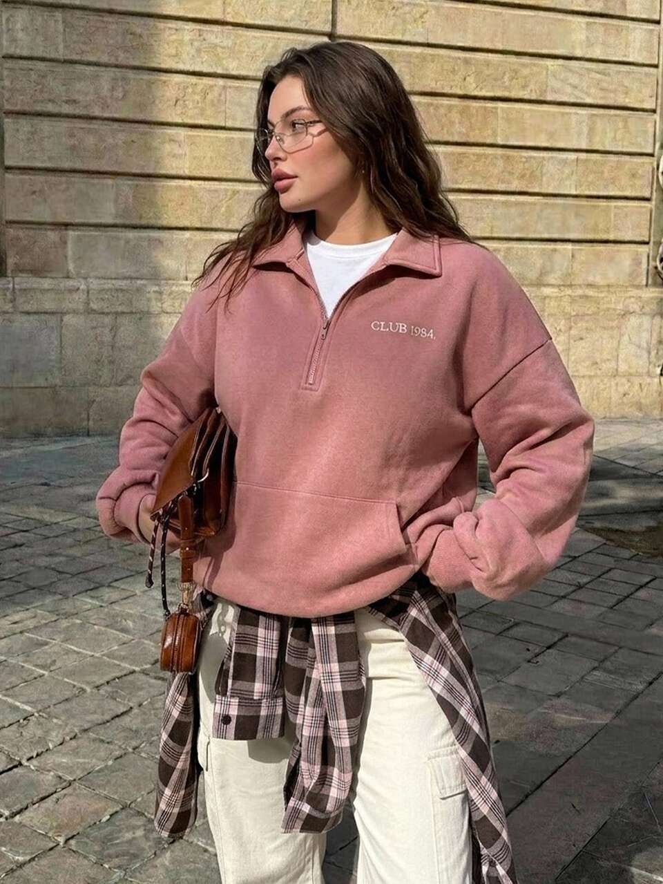 Dazy Plus Plus Size Thermal Lined Thick Letter Embroidery POLO Collar Loose Long Sleeve Zip-Up Casual Streetwear Autumn/Winter Sweatshirt