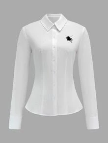 SHEIN EZwear 女款休閒收腰長袖鈕扣襯衫，適合秋冬穿著 - 彩色 - 查看 6