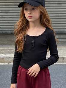 DAZY Tween Girl) Black Fitted Long Sleeve Half-Button Front Inner Layer Crew Neck T-Shirt, Autumn - Black - View 6