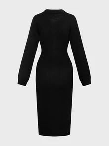 Balvessa Elegant Front Zipper Slim Fit Black Pocket Decor Button Women's Sweater Dress - Black - View 6