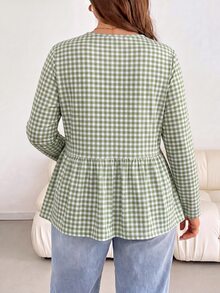 SHEIN LUNE 休閒格紋長袖大尺碼襯衫，適合海灘度假，綠色秋季款 - 彩色 - 查看 2