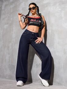 Jeanoix Petite Y2K Casual Washed Low Waist Wide Leg Women's Denim Jeans - Dark Wash - View 8