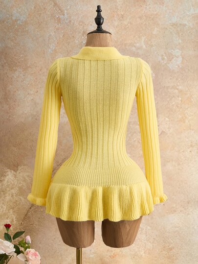 Mistrie Women's Yellow Sweater Dress With Pearl Buttons, Ribbed Yellow Pleated Skirt, Short Sleeve, Short Length, Sexy Tight Fit, Elegant Ribbed Hem Sweater Dress