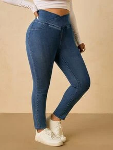 SHEIN Tall CURVE 大尺碼休閒水洗重疊腰頭修身牛仔褲 - 藍色 - 查看 7