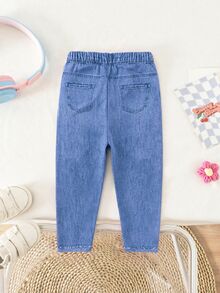 SHEIN Baby Girl Personalized Bow Decor Button Distressed Leggings - Blue - View 3