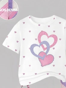 SHEIN Elladie kids 2件組復古粉色愛心印花T恤與喇叭褲套裝，可愛夏季返校女童穿搭，Y2K校園風，新款圓領短袖T恤搭配鬆緊腰喇叭長褲，簡約百搭時尚通勤套裝 - 彩色 - 查看 5