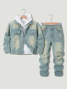 SHEIN 青少年男孩 2 件套牛仔套裝，復古街頭風酷時尚休閒學院風，復古水洗做舊色，上衣為翻領長袖夾克，配雙胸袋與金屬鈕扣，下身為直筒破洞牛仔褲，適合春秋穿著，可搭配 T 恤或襯衫，適合日常街頭與校園穿搭 - 黃色 - 查看 1