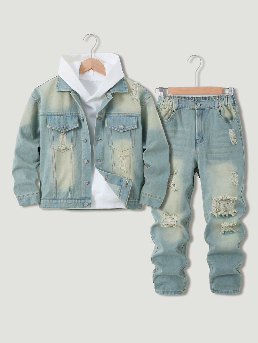 SHEIN 青少年男孩 2 件套牛仔套裝,復古街頭風酷時尚休閒學院風,復古水洗做舊色,上衣為翻領長袖夾克,配雙胸袋與金屬鈕扣,下身為直筒破洞牛仔褲,適合春秋穿著,可搭配 T 恤或襯衫,適合日常街頭與校園穿搭 - 黃色 - 查看 1