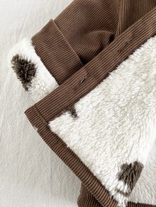 SHEIN Playful Pals 男嬰休閒經典燈芯絨印花抓絨內裡前口袋前扣連帽長袖外套 秋冬款 - 棕色 - 查看 3