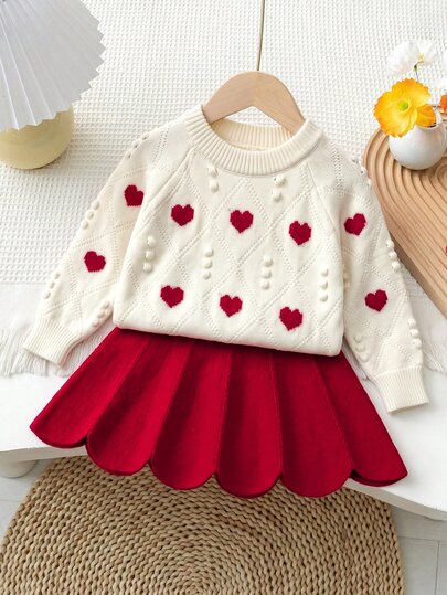 SHEIN Baby Girl Casual Heart Pattern Knit Pullover Sweater,In Fall/Winter
