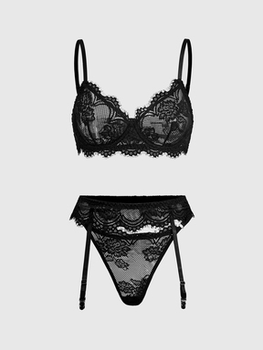 Ensemble de lingerie sexy gothique sombre avec soutien-gorge à armatures en dentelle à cils, string et porte-jarretelles