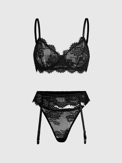 ROMWE Dark Gothic Eyelash Lace Underwire Bra, Thong, Garter Belt Sexy Lingerie Set