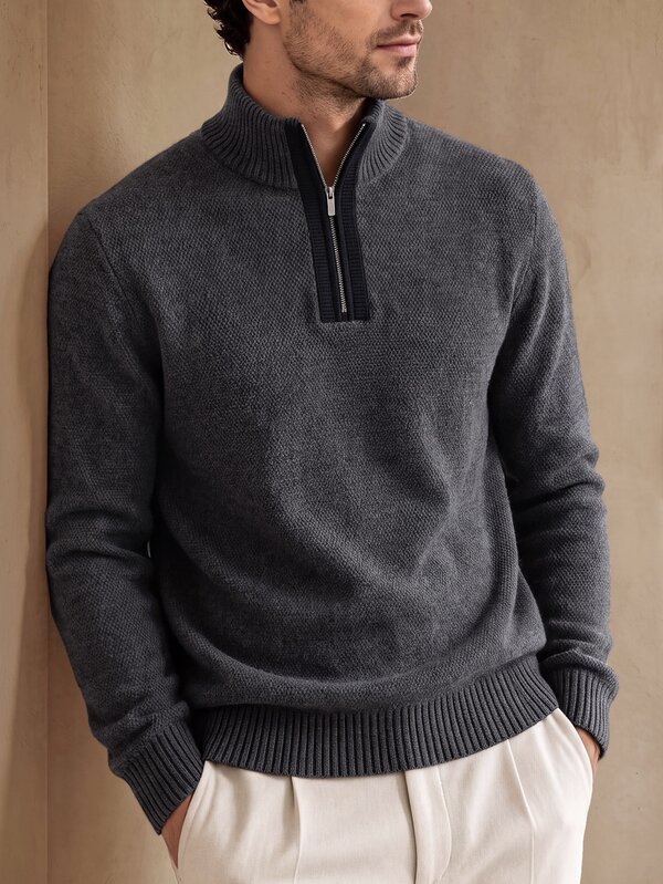 Core Aspect Men's Autumn/Winter Stand Collar Knit Sweater, Vintage Half-Button Cardigan, Middle-Aged Business Casual Pullover