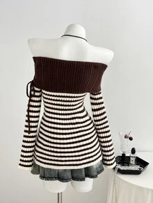 Elamini Women's Autumn/Winter Casual Colorblock Striped Off-Shoulder Sweater - Khaki - View 2