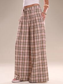 Avantive Women's Casual Commute Plaid Wide Leg Long Pants - Pink - View 5