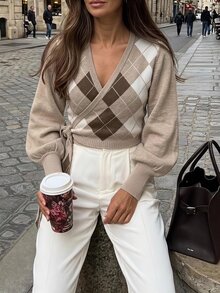 SHEIN PariChic Sweater Wanita Kasual Motif Argyle Patchwork dengan Tali Pengikat, Musim Gugur/Dingin - MultiWarna - View 3