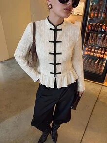 Lavishia Chinese Style Contrast Color Frog Button Elegant Shirt - Apricot - View 2