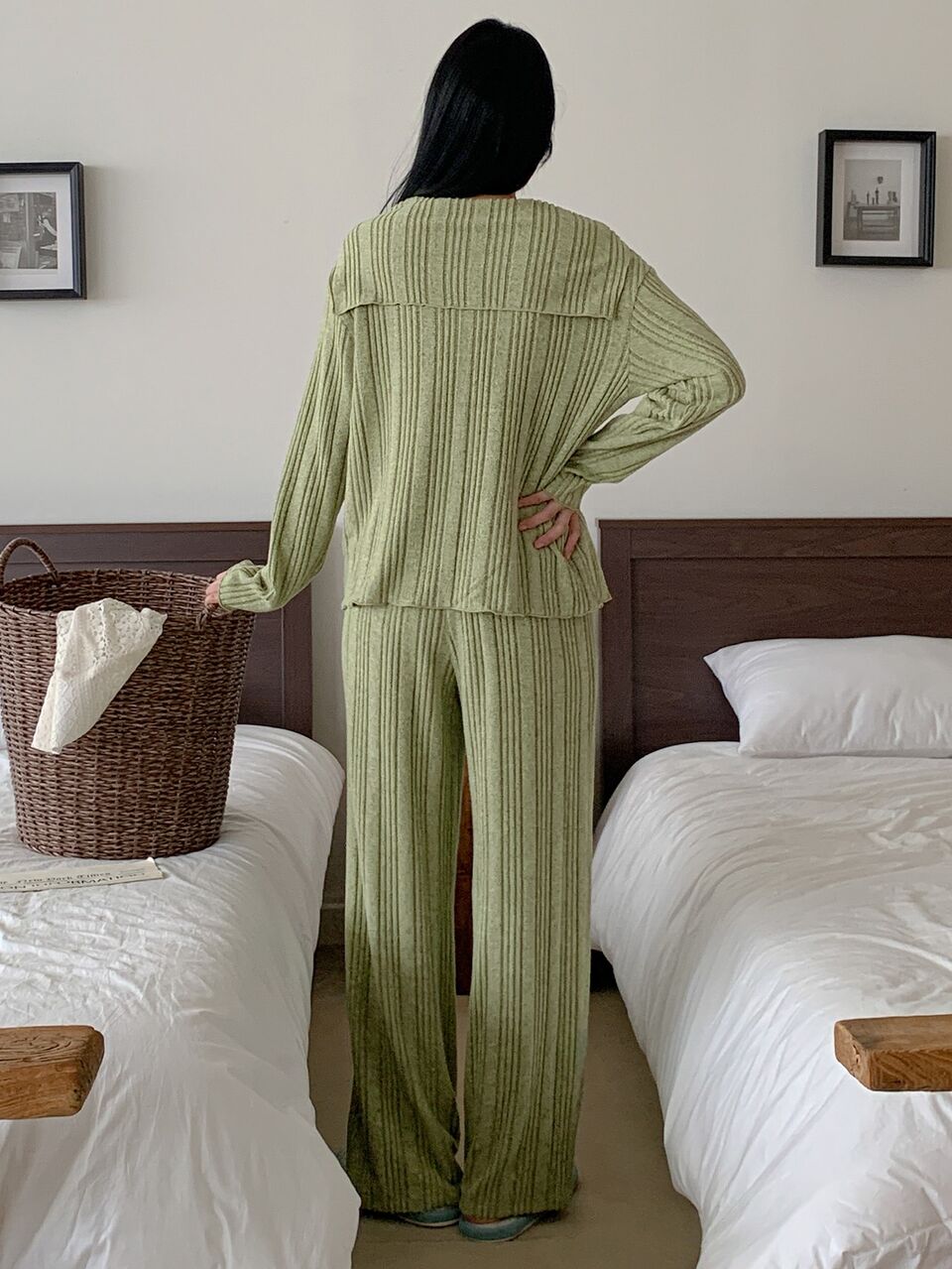 Autumn/Winter Brushed Comfortable Knit Shawl Collar Women's Pajama Set