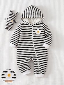 SHEIN Babygirl Striped Knit Hooded Jumpsuit - Black and White - View 3