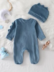 Newborn Dusty Blue Dinosaur Embroidered 3D Triangle Decor Round Neck Asymmetric Front Closure Footed Jumpsuit Hat Home Wear Set Sleep Autumn Baby - Navy Blue - View 3