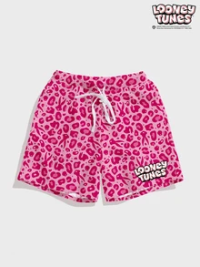 LOONEY TUNES X SHEIN FROVYX 男士粉色豹紋短褲，適合夏季休閒日常穿著 - 彩色 - 查看 1