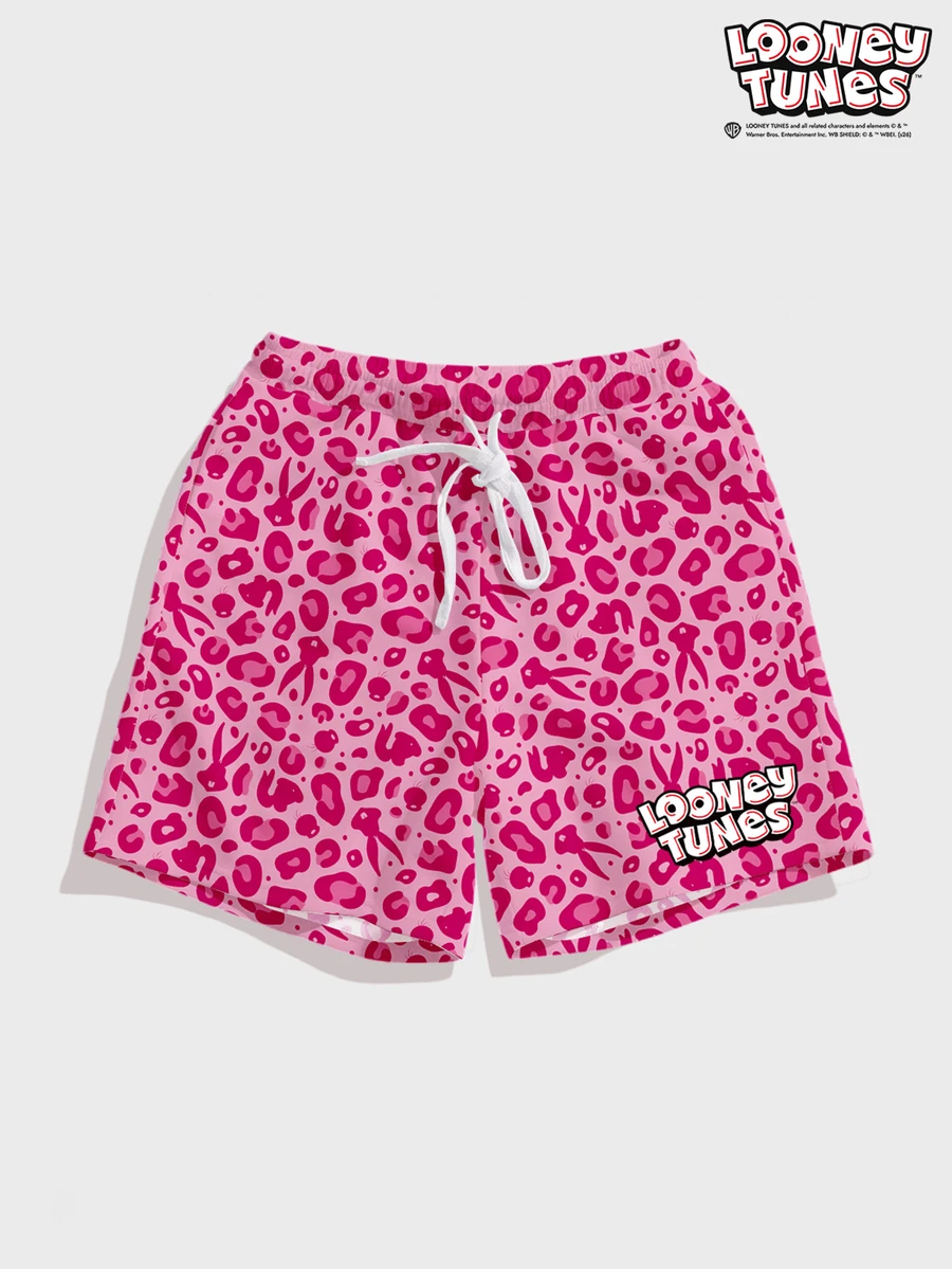LOONEY TUNES X SHEIN FROVYX 男士粉色豹紋短褲,適合夏季休閒日常穿著 - 彩色 - 查看 1
