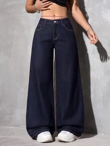 Jeanoix Petite Y2K Casual Washed Low Waist Wide Leg Women's Denim Jeans - Dark Wash - View 4