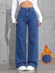 Jeanoix Quần jeans xanh denim co giãn lót nỉ ống đứng nữ size lớn phong cách Y2K Cowgirl - Rửa trung bình - Xem 1