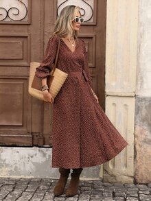Brillora Brown And White Polka Dot Wrap Midi Dress, Long Sleeve V‑Neck For Summer Commute,Wrap Design, Clothes,Office Vacation Outfits,Christmas Boho - Brown - View 7